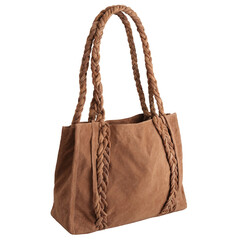 Brown suede tote with braided shoulder straps clothing display transparent background isolated png stock