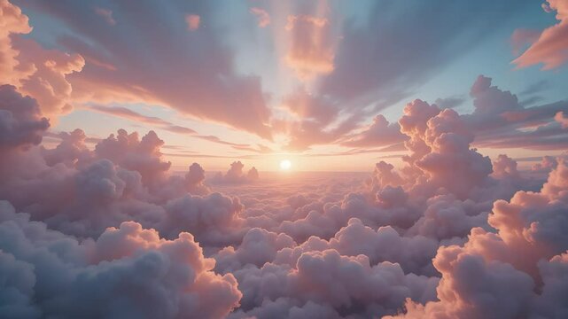 Seamless beautiful realistic skies flying through white infinite clouds towards ground visible over cumulus lush clouds at sunset. Looped 3d 4k ultra HD animation