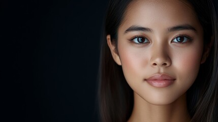 Fototapeta premium Asian woman poses in beauty parlor with glowing skin and long hair after a rejuvenating facial treatment. Soft lighting enhances her natural beauty