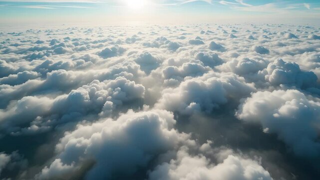 Seamless beautiful realistic skies flying through white infinite clouds towards ground visible over cumulus lush clouds at sunset. Looped 3d 4k ultra HD animation