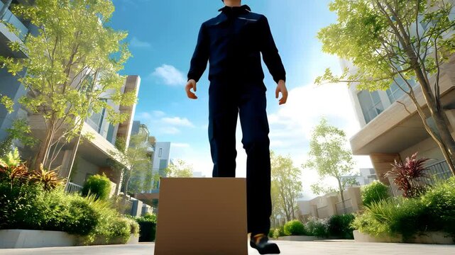 Man carrying a large box while another man stands on a smaller box in an urban setting
