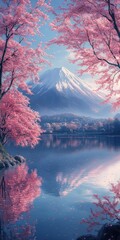 Fuji with Cherry Blossoms, and Lake.