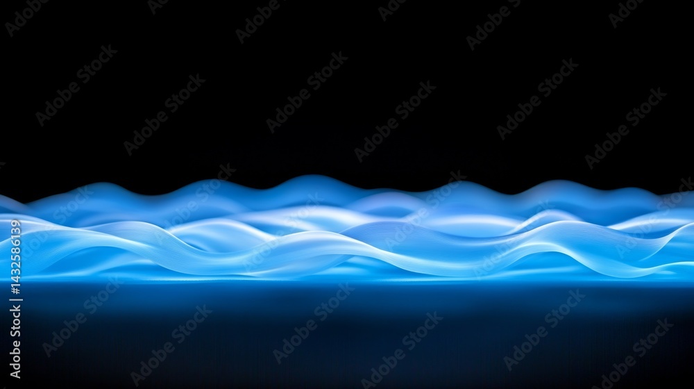 Poster Glowing blue fiber optic cables twist in a striking pattern against a dark backdrop, showcasing their modern design with space for text