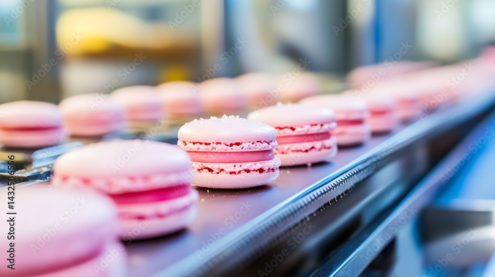 Poster close-up view of colorful macaroons moving along the production line in a confectionery factory, wit