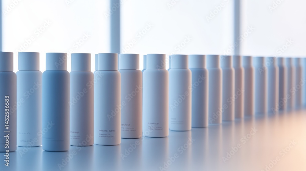 Poster soft blue and white minimalist skincare bottles are neatly arranged on a clean surface, illuminated 