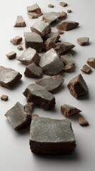 Intricate crack patterns traverse these scattered shattered glass shards, creating a captivating collection with light reflecting from the surface and edges all around.