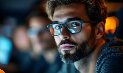 Focused man intense expression close up portrait