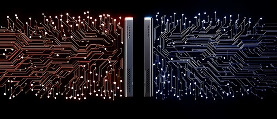 Central devices with red and blue circuits extend on a dark background