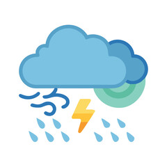 Stormy weather icon with rain, lightning, and wind