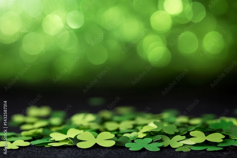 Poster Close-up of St. Patrick's Day-themed clover confetti scattered across a dark surface, enhanced by a soft green bokeh, creating a joyful and festive mood