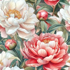 Watercolor peony flower plant flora bloom botany seamless pattern ornament tile design
