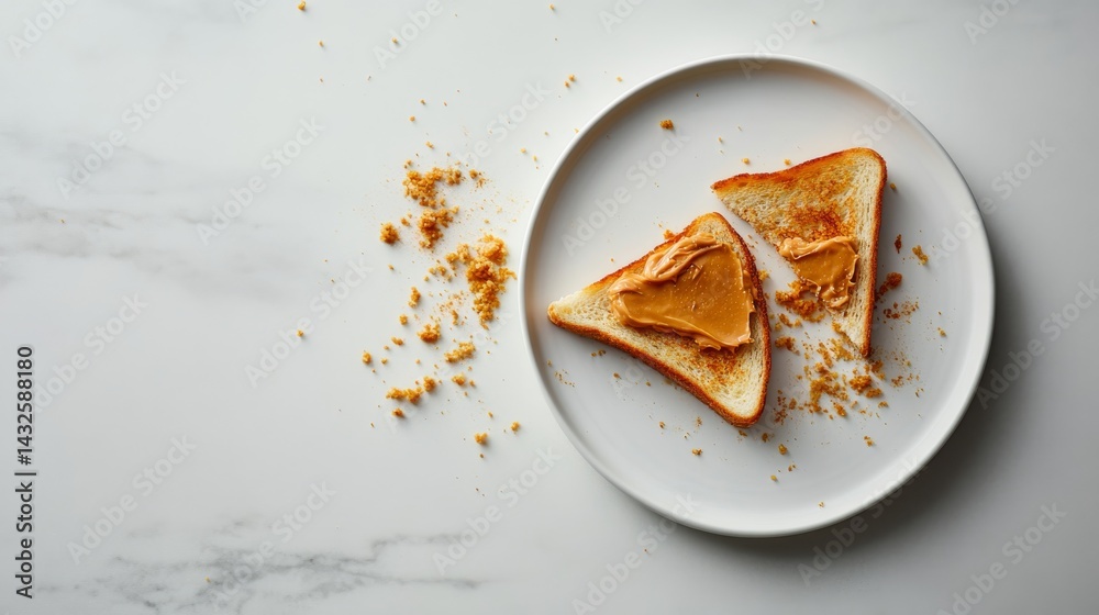 Poster two pieces of toast are topped with creamy peanut butter on a white plate, with crumbs around them, 
