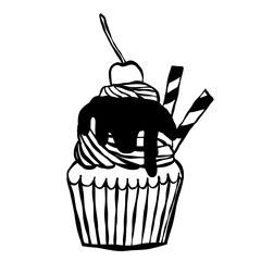 Vector illustration of a sweet chocolate cupcake, a delicious baked dessert with cream and a cherry on top