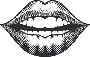 Monochrome Vector Artwork Featuring Anatomical Accuracy of a Smiling Mouth, Detailed Lips, and High Contrast Dot Work Vintage Style Dental Illustration