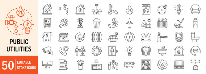 Public Utilities collections editable stroke outline web icons set. Public, service, utilities, home, electric, fire, energy, water, plumbing, repair, power, gas and more... Vector illustration