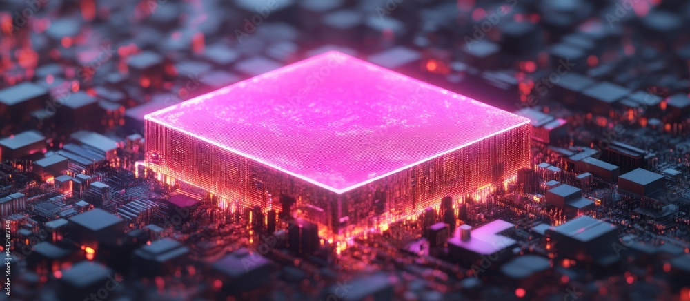 Aufkleber illuminated futuristic microchip processing unit on complex motherboard circuits