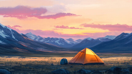 Mini gigapixel content adventurous tent pitching in a scenic open valley under a foreign sky