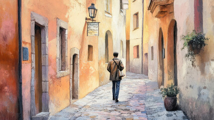 Navigating narrow alleyways adventurous traveler in a vibrant foreign town gigapixel capture