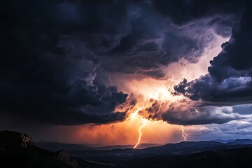 Dramatic Lightning Strikes Over Dark Mountain Range With Stormy Clouds