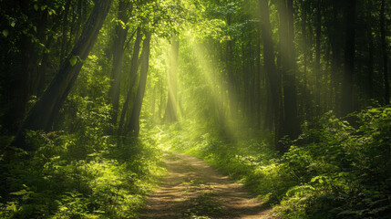 Obraz premium Serene outdoor experience hiking through lush green forests for nature exploration