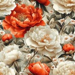 Peonies flowers plants floral blooming botanical seamless pattern ornament design, tile