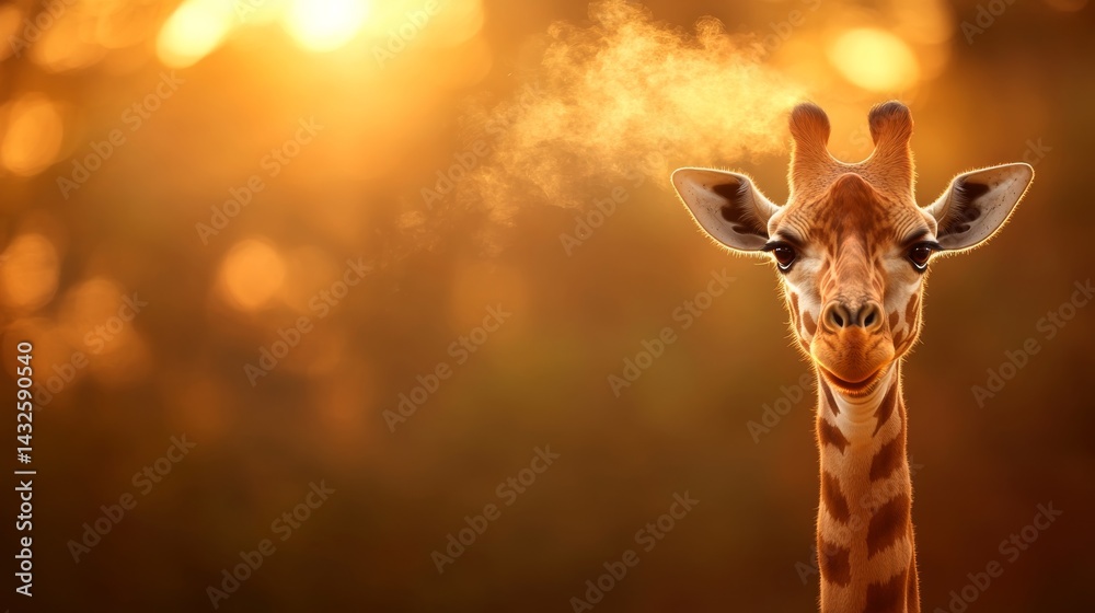 Poster curious giraffe gazes directly at the viewer in the wild savannah, captivated by its surroundings du