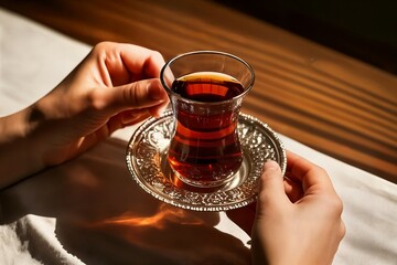 elegant presentation of turkish tea in sunlit room concept elegante presentación de té turco en sala iluminada por el sol concepto çay
