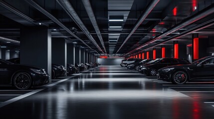 Modern underground parking garage with sleek design and red accents