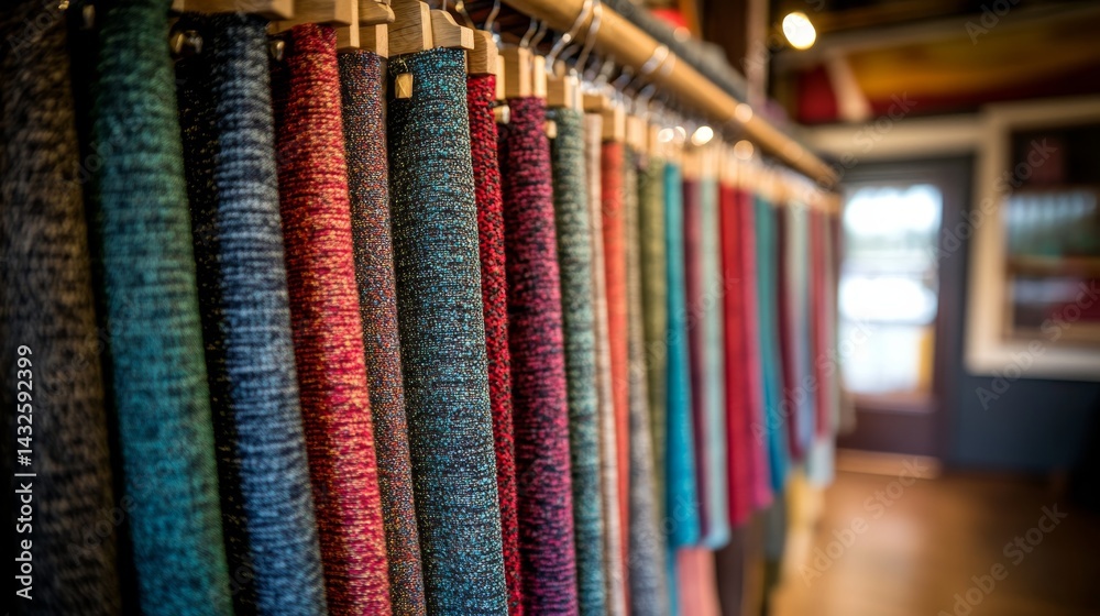 Poster textiles in various colors and patterns are beautifully arranged on wooden hangers in a well-lit bou