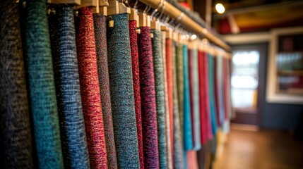 Textiles in various colors and patterns are beautifully arranged on wooden hangers in a well-lit boutique, inviting shoppers to explore a stylish selection of apparel