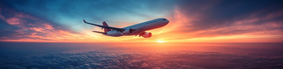 A passenger jet flies above a sea of clouds during a vibrant sunset, the warm light illuminating the sky and the aircraft.