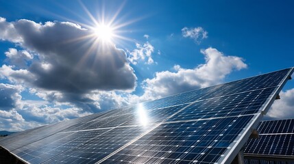Solar panels under a partly cloudy sky