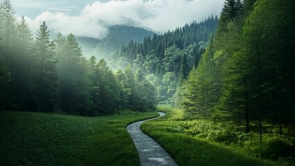 Scenic video of lush green forest with a winding stream Sunlight filters through the trees creating a tranquil atmosphere, dense foliage and rolling hills add depth and visual interest
