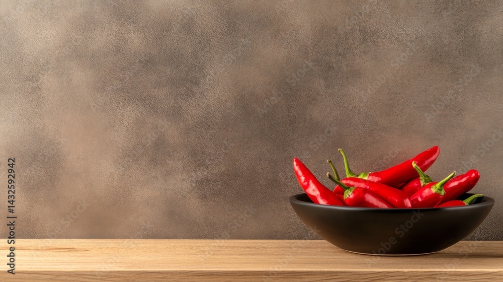 Poster fiery red chili peppers rest in a rustic bowl on a wooden counter, illuminated by natural light. a s