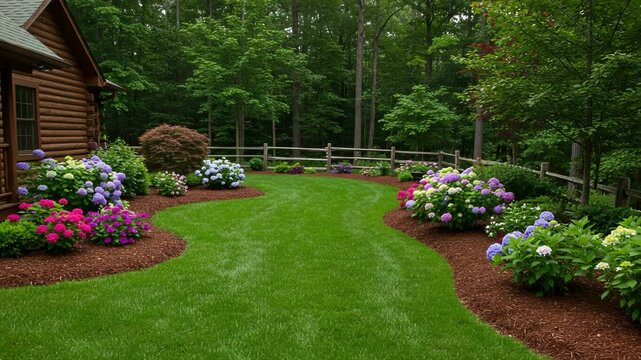 Lush green lawn and colorful hydrangea bushes bordering a log cabin
