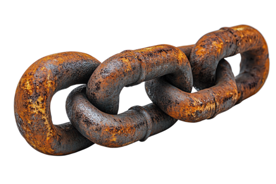 A close-up of a rusty metal chain link, showcasing its texture and weathered appearance against a white background.