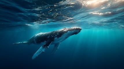 Naklejka premium Graceful humpback whale swimming peacefully beneath the ocean surface