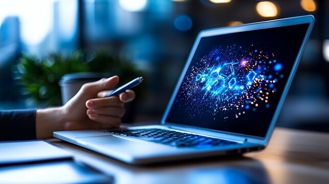 Digital network on a laptop screen - Powered by Adobe