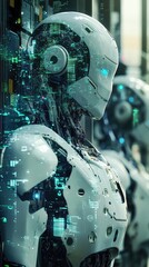 Fototapeta premium A robot with a blue face stands next to another robot