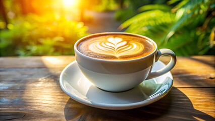 Obraz premium white coffee cup with latte art in sunlight