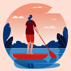 Woman paddleboarding on calm lake at sunset in flat illustration