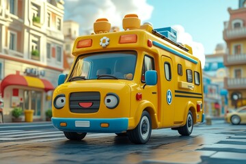 Happy van drives city street, sunny day