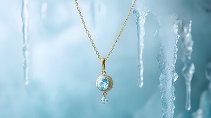 Fototapeta premium Elegant Gold Necklace with Blue Gem Under Ice Background