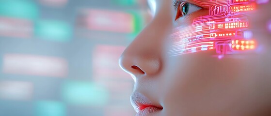 Close up of a face with futuristic projection, eyes forward, lit with pink hues