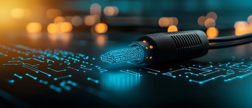 Close up of a cable with light passing through it over a circuit board design and a blurry background