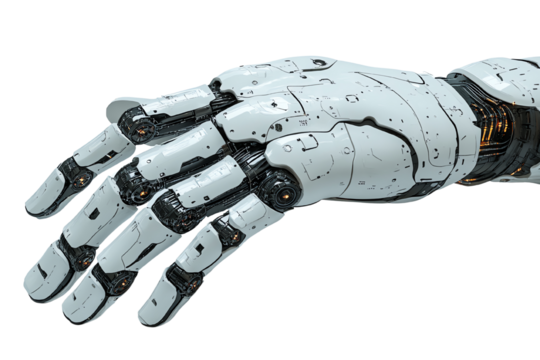 Futuristic robotic hand, showcasing intricate design and technology, isolated on a white background.
