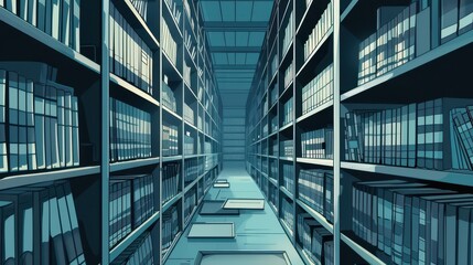 Celebrating international archives day with endless library shelves and historic texts. Horizontal banner. Copy space. World Library Day. Flat illustration