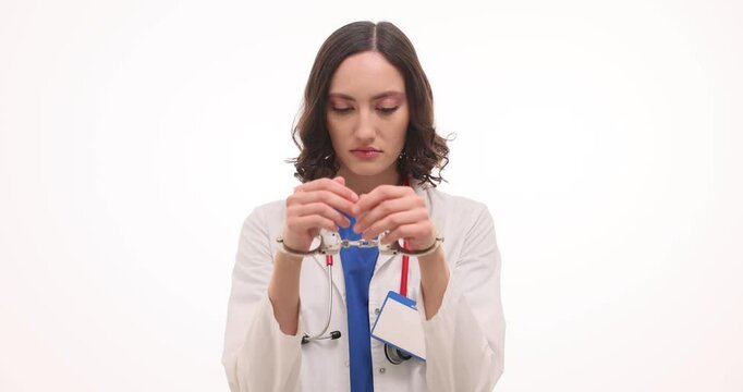 Woman doctor shows handcuffs locked around wrists against white background. Symbol of accountability for professional misconduct and bribe slow motion