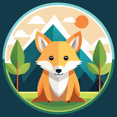 Fototapeta premium Playful Fox Cartoon Character in Nature Scene Geometric Background