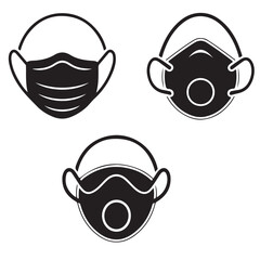 various medical mask, medical face mask  black vector icon silhouettes